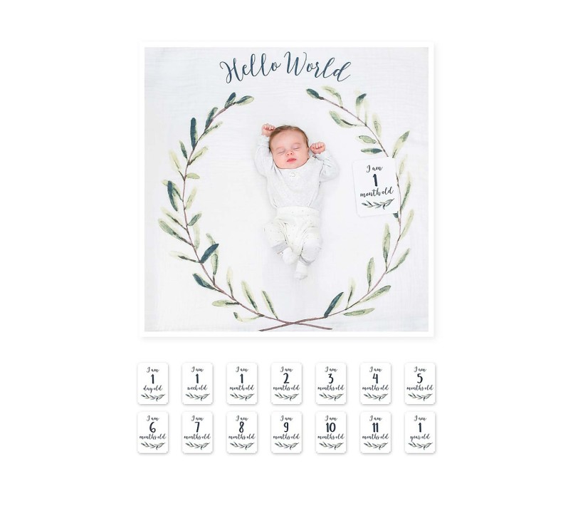 LULUJO - KIT PRIMO ANNO - COPERTINA MUSSOLA DI COTONE E ACCESSORI FOTO - HELLO WORLD