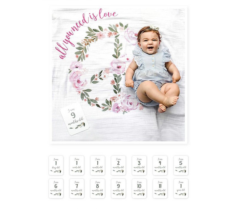 LULUJO - KIT PRIMO ANNO - COPERTINA MUSSOLA DI COTONE E ACCESSORI FOTO - ALL YOU NEED IS LOVE