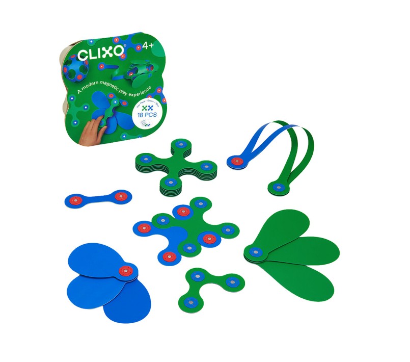 COSTRUZIONI MAGNETICHE CLIXO - PACK 18 PEZZI BLU-VERDE