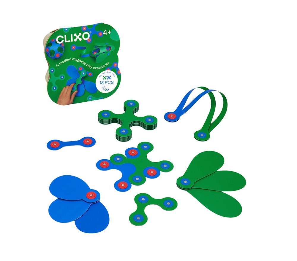 COSTRUZIONI MAGNETICHE CLIXO - PACK 18 PEZZI BLU-VERDE